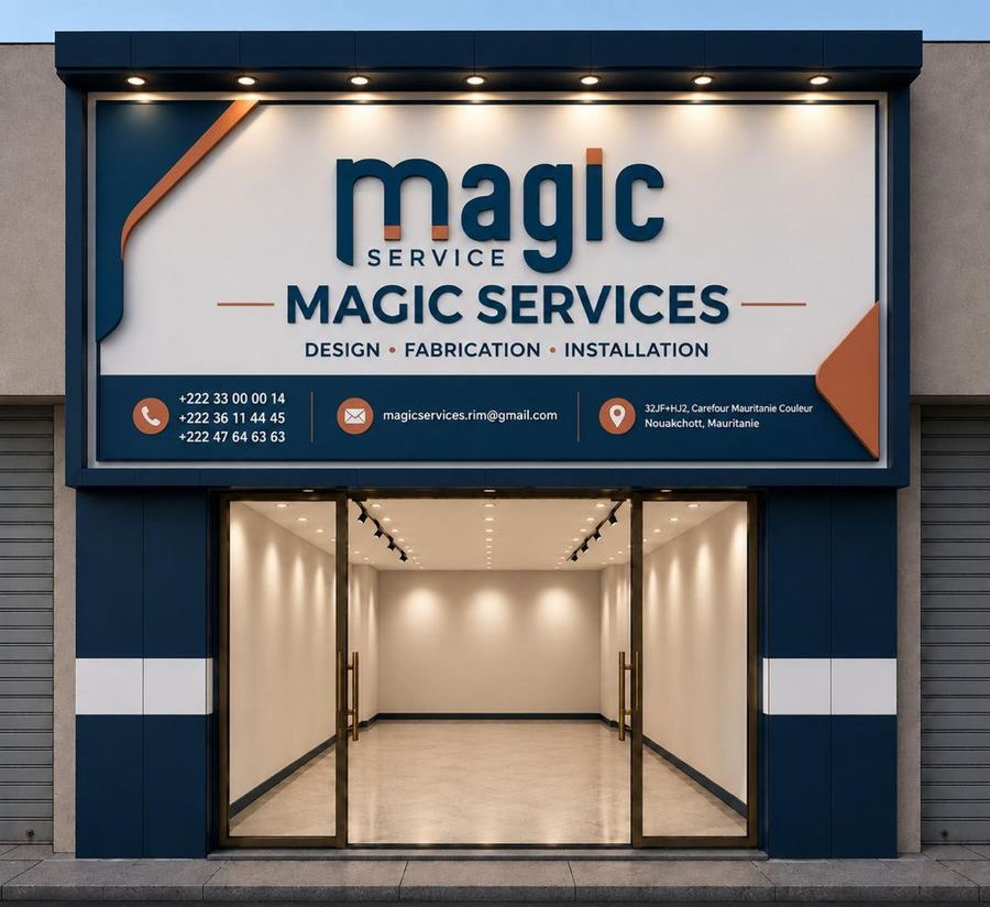 Façade de boutique avec l’enseigne Magic Services en Alucobond
